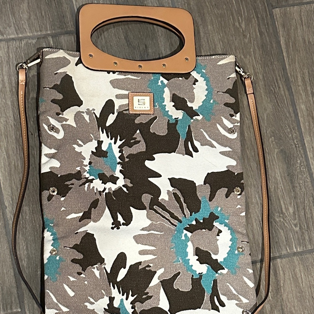 Sisley Camo Print Canvas Adjustable Handbag. Brown, Teal, Tan and White.
